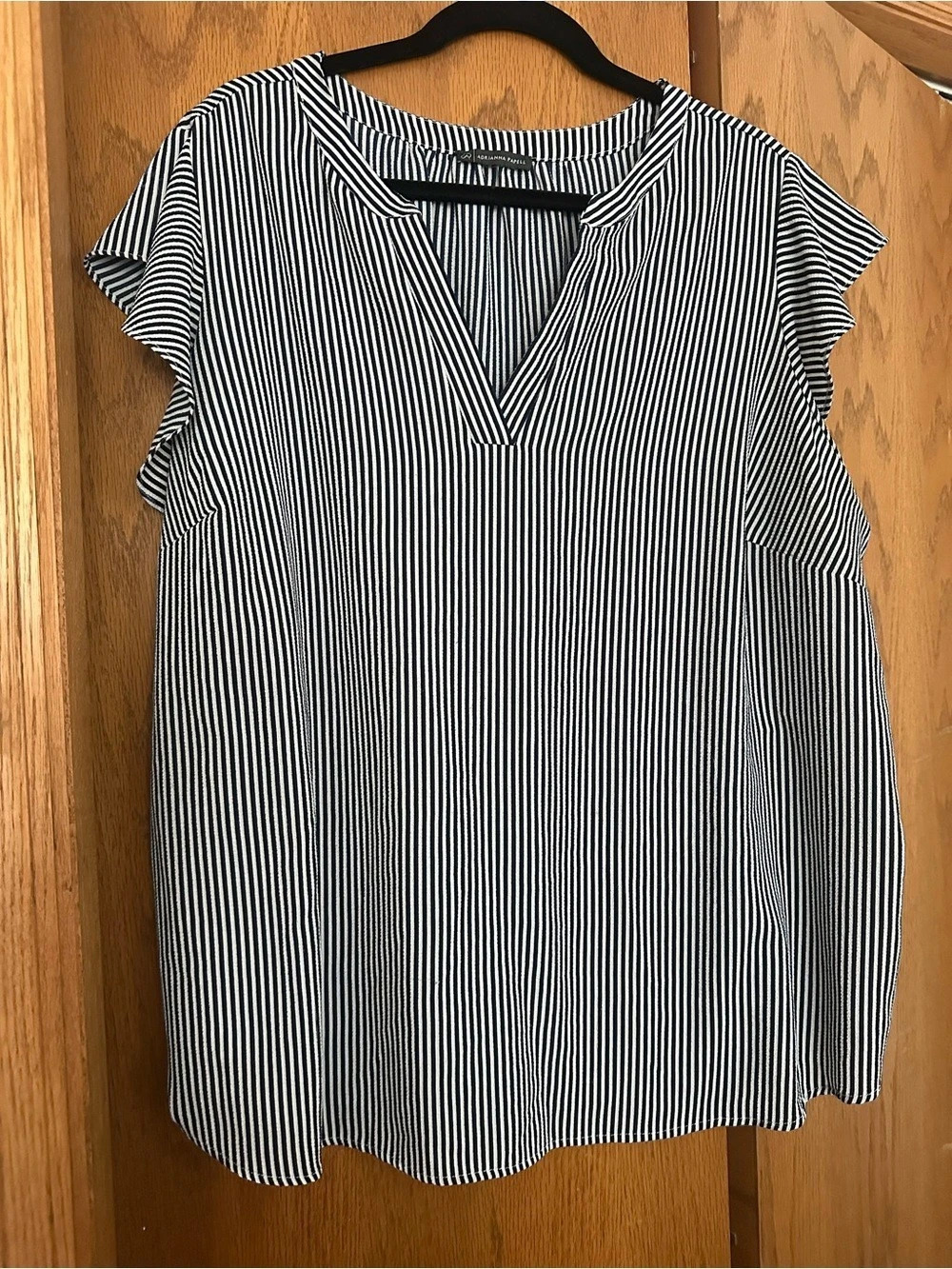 Adrianna Papell Navy and White Striped V-Neck Flutter Sleeve Blouse
